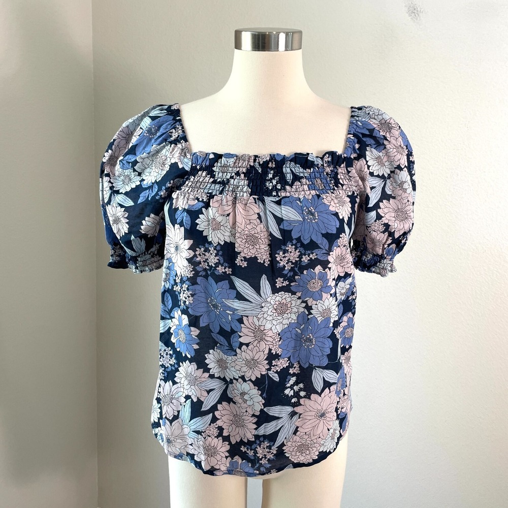 NEW $79 J Crew‎ Womens XS Squareneck Puff Sleeved Crop Top Zinnia Floral Shirt